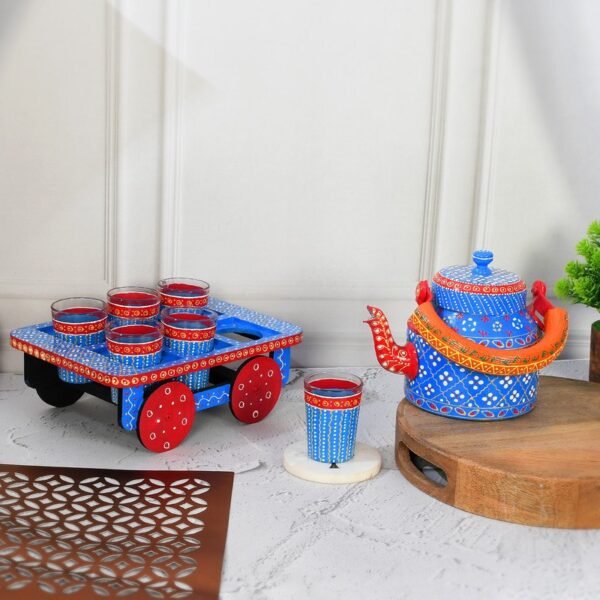 HandPainted Alluminium  Tea Kettle with 6 Glasses and Wooden Tray For Home Décor , Tea Party , Serving