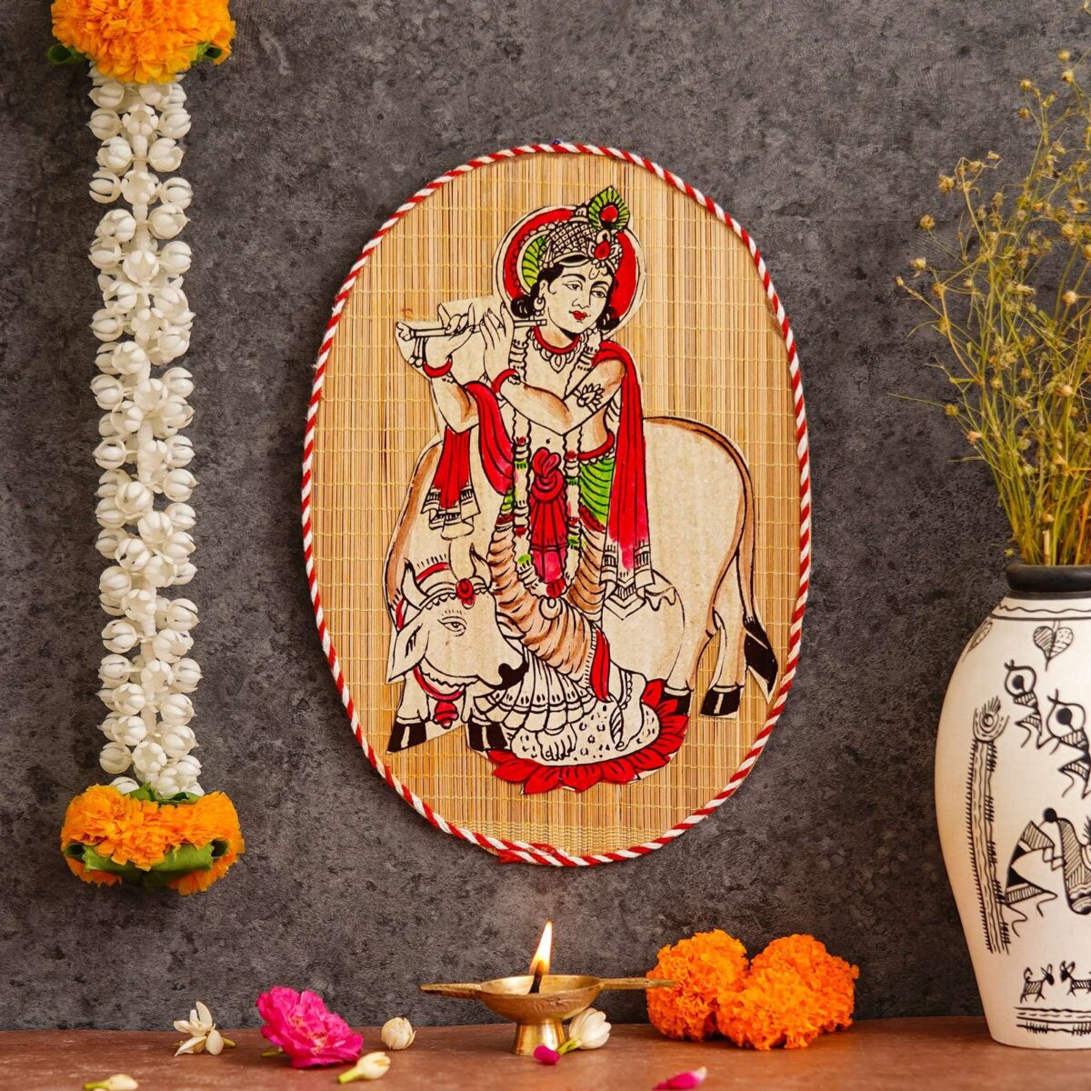 Oval Shaped Design Bamboo Hand Crafted Wall Hangings Of Krishna Ji With Holy Cow For Home D?cor | Bamboo Art For Wall Decor - Image 3