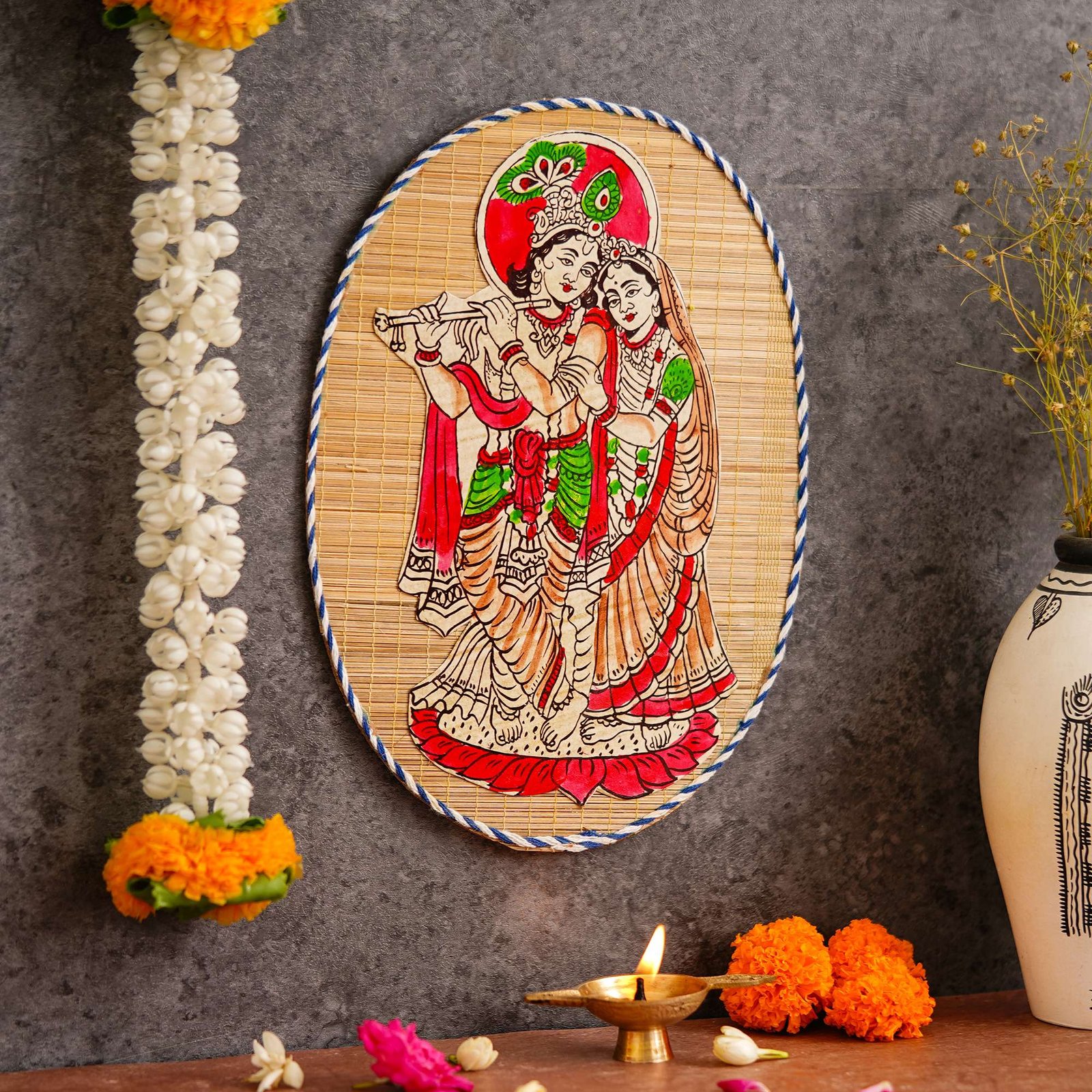 Oval Shaped Design Bamboo Hand Crafted Wall Hangings Of Krishna Ji With Radha Ji For Home D?cor | Bamboo Art For Wall Decor