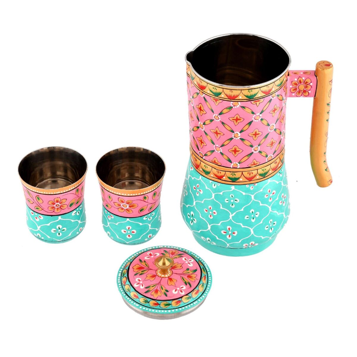 Aluminium Jug Set with 2 Glass Tumblers - 21 cm for kitchen décor ,Table Top , And Home Decoration - Image 2