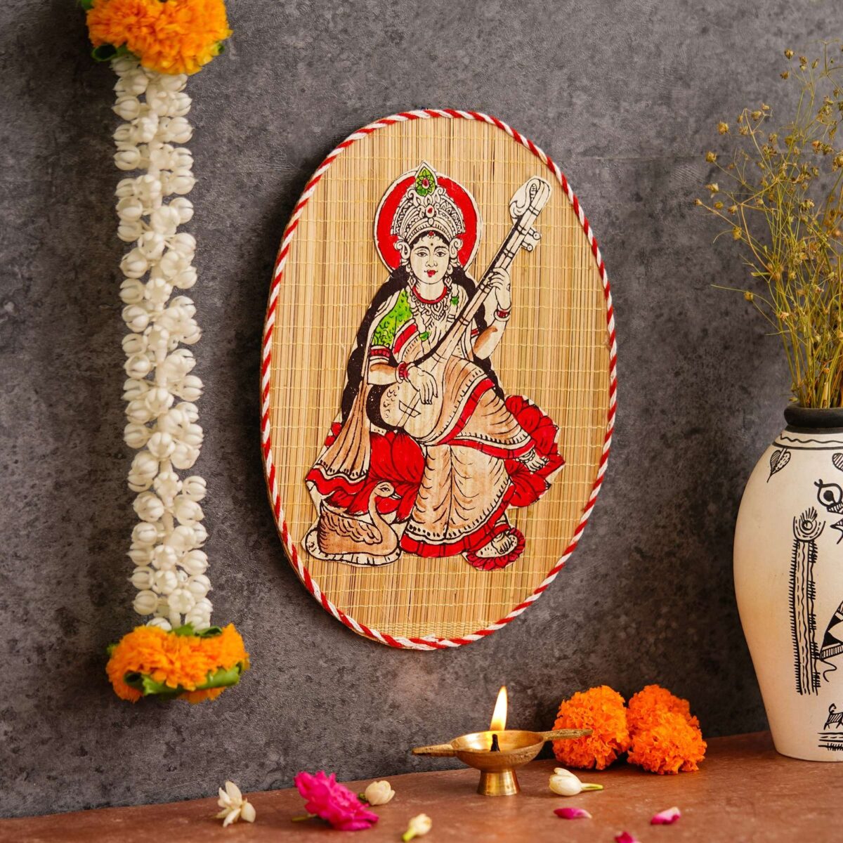 Oval Shaped Design Bamboo Hand Crafted Wall Hangings Of Godess Sarwasti Ji For Home D?cor - Image 2