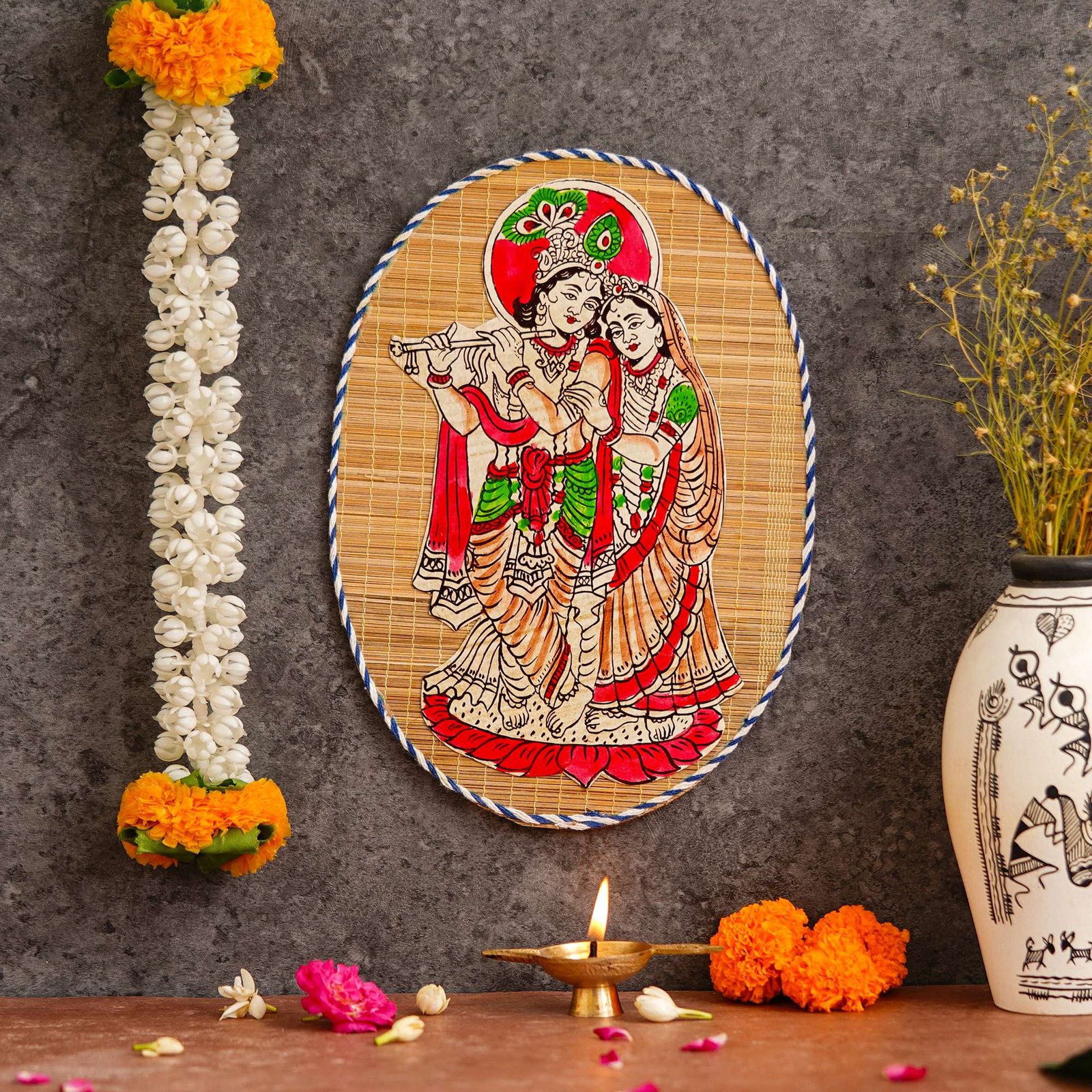Oval Shaped Design Bamboo Hand Crafted Wall Hangings Of Krishna Ji With Radha Ji For Home D?cor | Bamboo Art For Wall Decor - Image 3